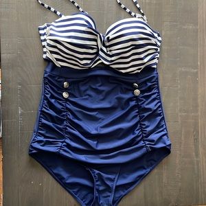 Retro Polka Dot Twisted Front High Waisted Bikini Set Tie Belt Vintage Ruched